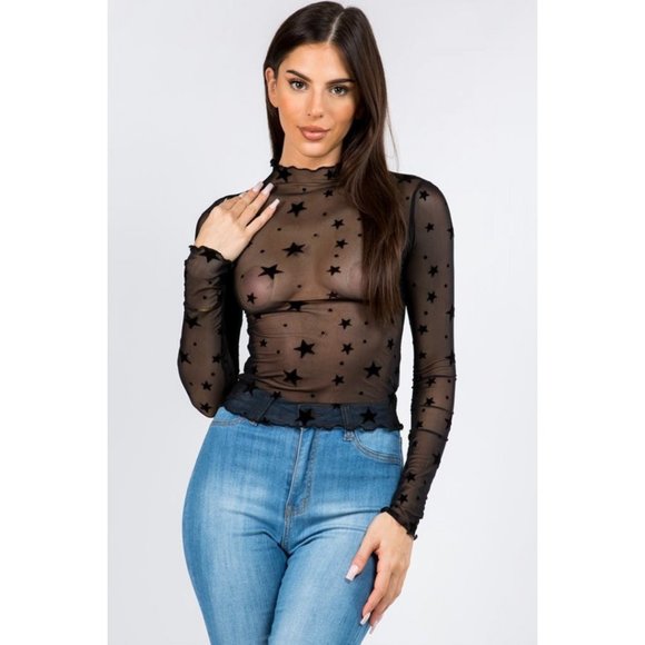Bear Dance Womens Sheer Mesh Black Long Sleeve Crop Top - Picture 1 of 4